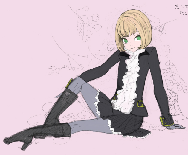 mksm, bad id, bad pixiv id, blonde hair, boots, green eyes, maid, pantyhose, short hair, sitting, sketch, smile
