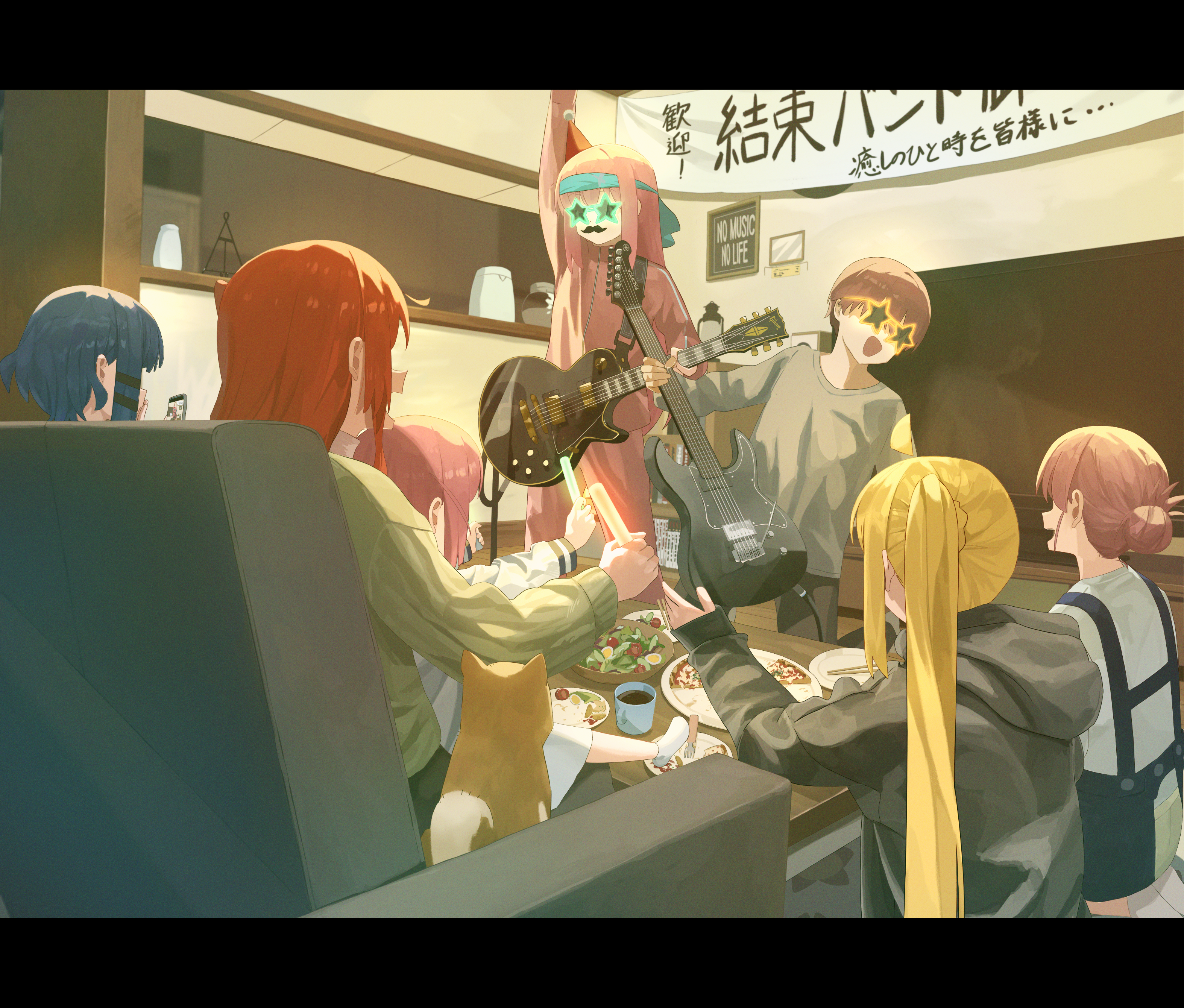 shirasuke 0822, gotoh futari, gotoh hitori, gotoh michiyo, gotoh naoki, ijichi nijika, jimihen, kita ikuyo, yamada ryo, bocchi the rock!, absurdres, commentary request, highres, 1boy, 6+girls, ahoge, banner, black hoodie, blonde hair, blue hair, cellphone, cherry tomato, denim, dog, egg, electric guitar, fake facial hair, fake mustache, family, father and daughter, food, gibson brands inc, gibson les paul, glowstick, guitar, hair bun, hair ornament, hat, headband, holding, holding plectrum, hood, hoodie, instrument, jacket, jeans, long hair, long sleeves, mother and daughter, multiple girls, open mouth, pants, party, party hat, phone, pink hair, pink jacket, pink track suit, pizza, plectrum, red hair, salad, shiba inu, short hair, siblings, side ahoge, side ponytail, sidelocks, sisters, slice of life, smile, star-shaped eyewear, star (symbol), sunglasses, tomato, track jacket, track suit, yamaha pacifica