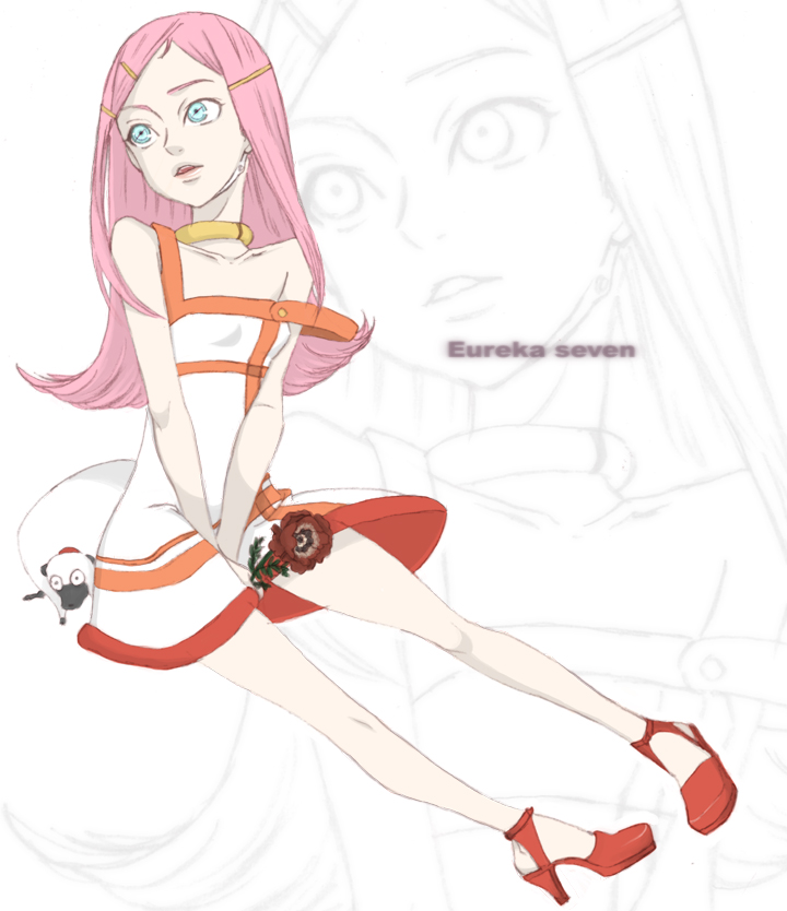 mksm, anemone (eureka seven), gulliver (eureka seven), eureka seven, eureka seven (series), bad id, bad pixiv id, 00s, 1girl, blue eyes, collar, female focus, flower, long hair, pink hair, sitting, solo