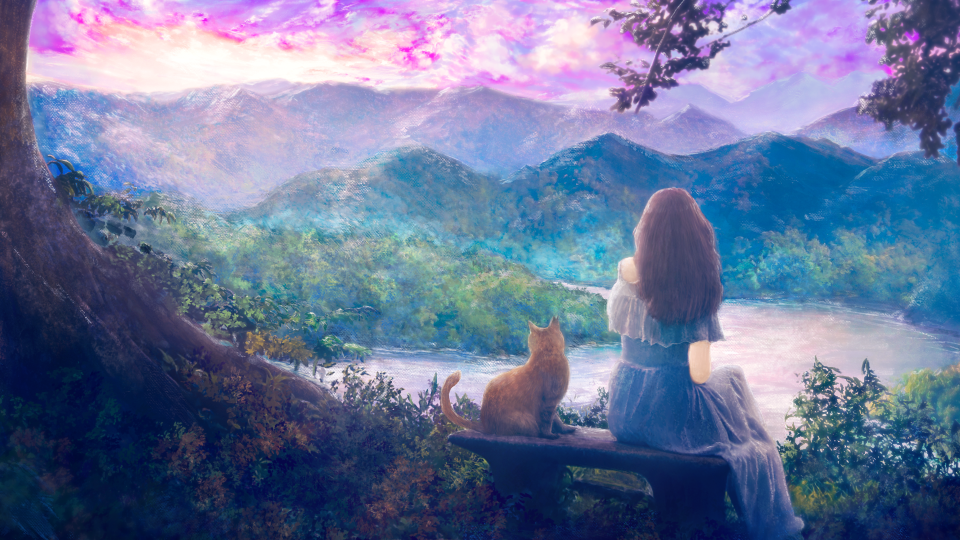 zaq (pgvc4472), original, commentary request, highres, 1girl, animal, black hair, blue dress, cat, cloud, dress, forest, from behind, hill, landscape, long dress, long hair, nature, on bench, orange cat, outdoors, pink sky, river, scenery, short sleeves, sitting, sky, solo, straight hair, sunset, valley