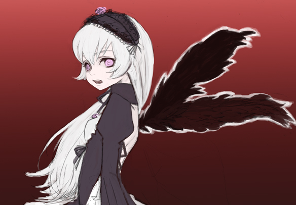 mksm, suigintou, rozen maiden, bad id, bad pixiv id, 00s, long hair, pale skin, pink hair, white hair, wings