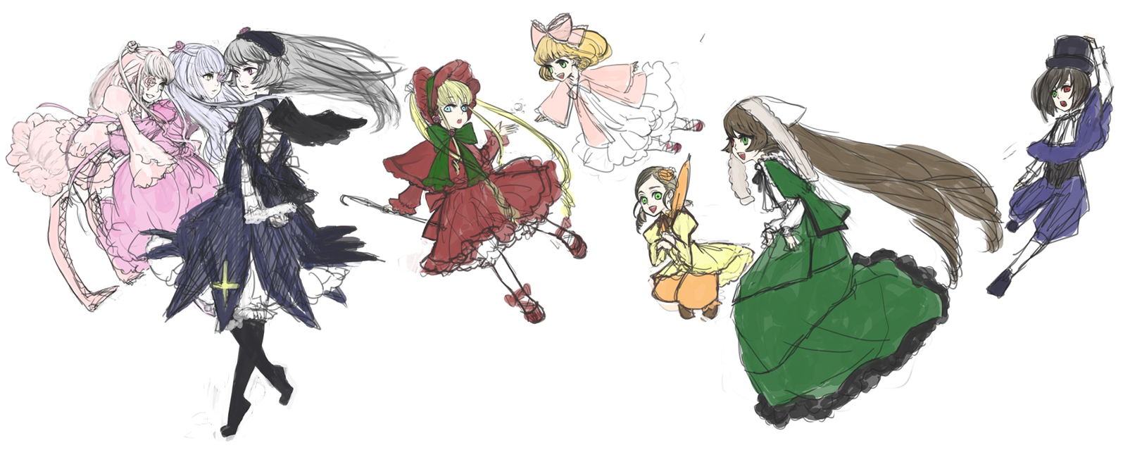 mksm, barasuishou, hinaichigo, kanaria, kirakishou, shinku, souseiseki, suiseiseki, rozen maiden, bad id, bad pixiv id, highres, 00s, 6+girls, blonde hair, everyone, multiple girls, siblings, sisters, twins