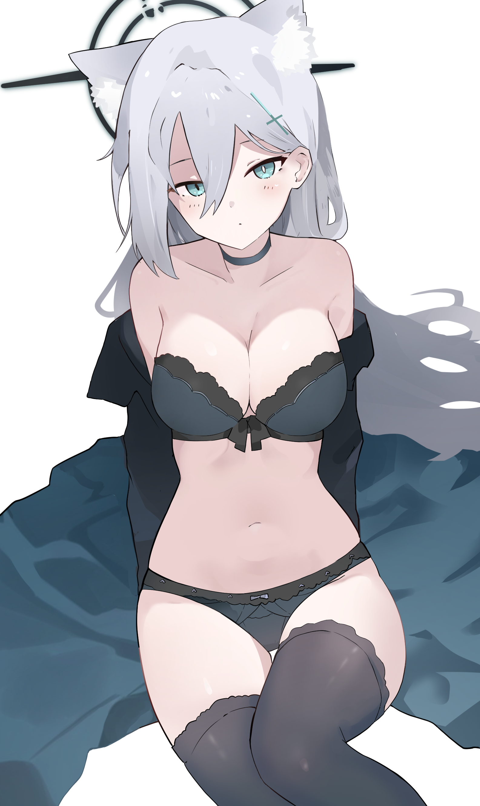 chuni burokku, shiroko terror (blue archive), blue archive, absurdres, commentary, highres, 1girl, animal ear fluff, animal ears, aqua eyes, arms at sides, bare shoulders, black bow, black bra, black choker, black dress, black halo, black panties, black thighhighs, blush, bow, bow bra, bra, breasts, bright pupils, choker, cleavage, closed mouth, collarbone, cowboy shot, dress, extra ears, grey hair, hair behind ear, hair between eyes, halo, knee up, large breasts, long bangs, long hair, long sleeves, looking at viewer, mismatched pupils, navel, off shoulder, open clothes, open dress, panties, simple background, sitting, solo, stomach, thigh gap, thighhighs, underwear, very long hair, white background, white pupils, wolf ears