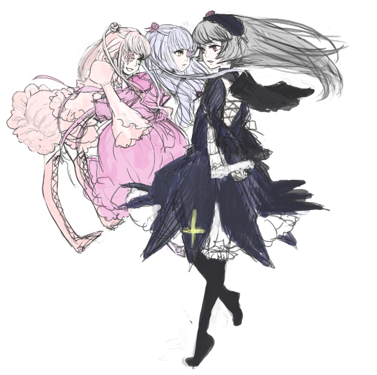 mksm, barasuishou, kirakishou, suigintou, rozen maiden, silver hair, bad id, bad pixiv id, 00s, 3girls, black wings, boots, cross, dress, flower, frills, gothic lolita, hair flower, hair ornament, hairband, lolita fashion, lolita hairband, long hair, multiple girls, open mouth, pale skin, pink hair, puffy sleeves, purple eyes, ribbon, rose, sketch, skirt, smile, wings, yellow eyes