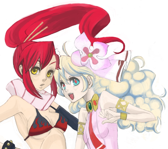 mksm, nia teppelin, yoko littner, tengen toppa gurren lagann, bad id, bad pixiv id, 00s, 2girls, armlet, bikini, bikini top only, bracelet, flower, gloves, hair flower, hair ornament, jewelry, long hair, multicolored hair, multiple girls, necktie, ponytail, red hair, scarf, sleeveless, swimsuit, white hair, yellow eyes