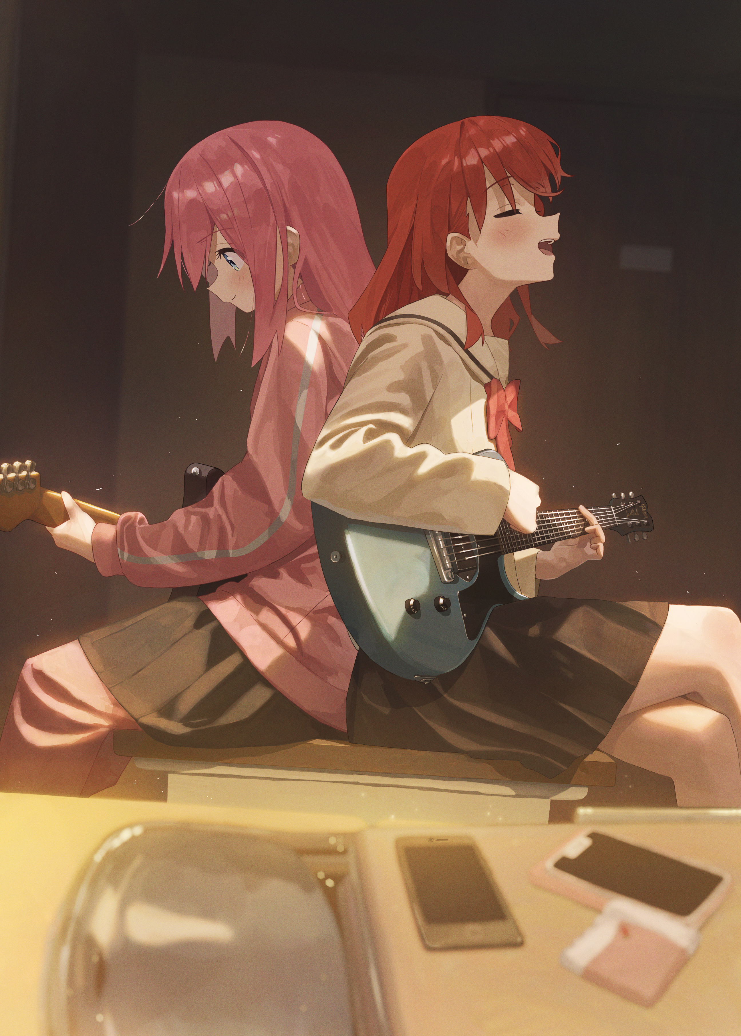 shirasuke 0822, gotoh hitori, kita ikuyo, bocchi the rock!, absurdres, bad id, bad pixiv id, commentary, english commentary, highres, md5 mismatch, resolution mismatch, source larger, 2girls, back-to-back, black skirt, blue eyes, blush, cellphone, closed eyes, closed mouth, electric guitar, gibson les paul, guitar, indoors, instrument, jacket, long hair, long sleeves, multiple girls, open mouth, pants, pants under skirt, phone, pink hair, pink jacket, pink pants, pleated skirt, red hair, school uniform, shuka high school uniform, sitting, skirt, smartphone, smile