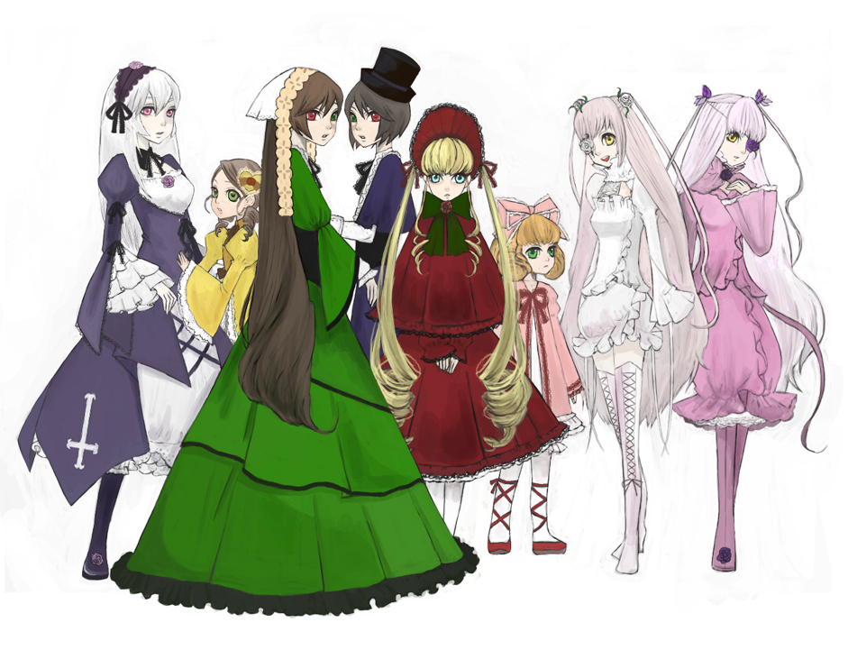 mksm, barasuishou, hinaichigo, kanaria, kirakishou, shinku, souseiseki, suigintou, suiseiseki, rozen maiden, bad id, bad pixiv id, 00s, 6+girls, blonde hair, bonnet, bow, bowtie, doll, dress, drill hair, everyone, flower eyepatch, green bow, green bowtie, hairband, hat, height difference, lolita hairband, long hair, long sleeves, looking at viewer, multiple girls, pink dress, pink eyes, red dress, red eyes, short hair, simple background, standing, top hat, twin drills, twintails, two side up, very long hair, white background, white hair, yellow eyes