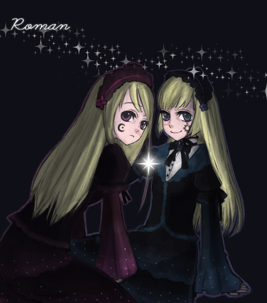 mksm, hortense (sound horizon), violette (sound horizon), roman (sound horizon), sound horizon, bad id, bad pixiv id, 2girls, blonde hair, blue eyes, goth fashion, gothic lolita, lolita fashion, long hair, multiple girls, red eyes, smile