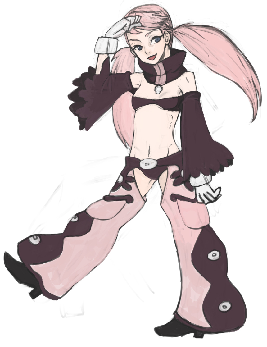 mksm, cynthia lane, overman king gainer, bad id, bad pixiv id, 00s, 1girl, blue eyes, bra, chaps, detached sleeves, female focus, flat chest, gloves, lingerie, long hair, midriff, pink hair, solo, twintails, underwear