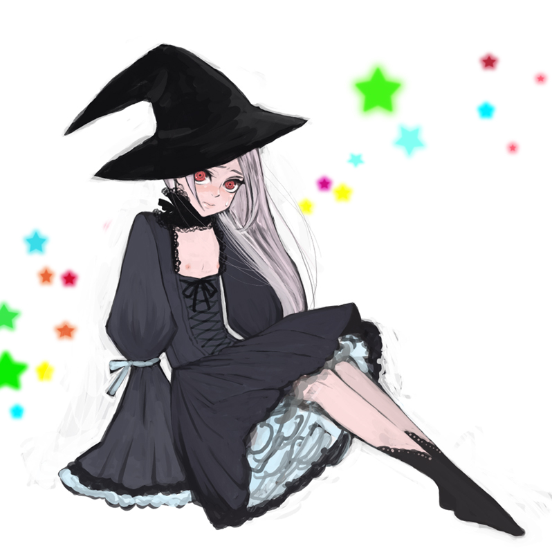 mksm, toe-point, bad id, bad pixiv id, blush, dress, flat chest, goth fashion, hat, long hair, pink hair, red eyes, sitting, solo, witch, witch hat