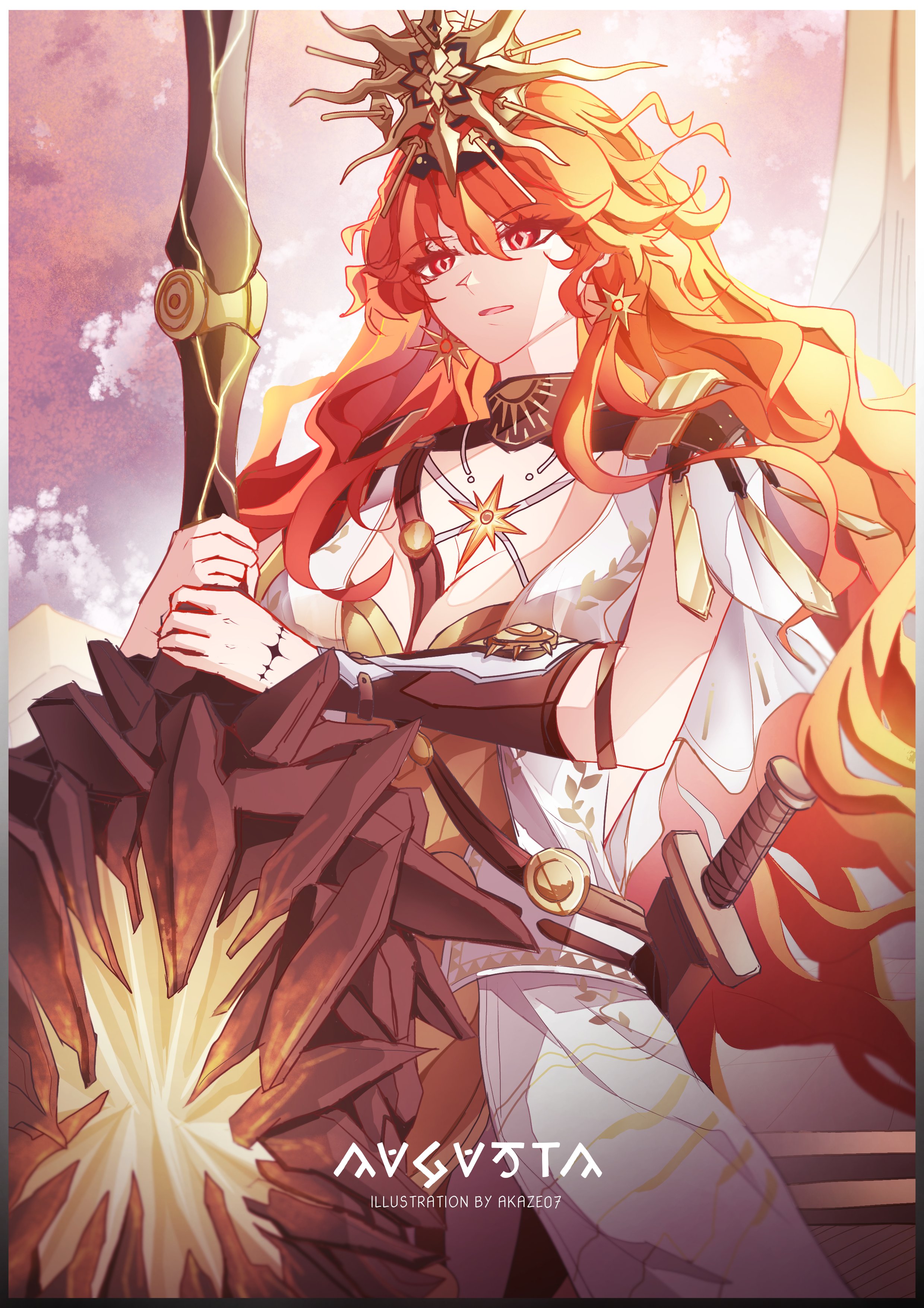 akaze07, augusta (wuthering waves), wuthering waves, absurdres, commentary, hashtag-only commentary, highres, 1girl, ancient greek clothes, arm armor, artist name, black collar, character name, collar, dress, earrings, greatsword, greco-roman clothes, hair between eyes, headgear, holding, holding sword, holding weapon, jewelry, long hair, looking at viewer, orange hair, parted lips, sheath, solo, sun earrings, sun necklace, sword, tacet mark (wuthering waves), two-handed, very long hair, weapon, white dress
