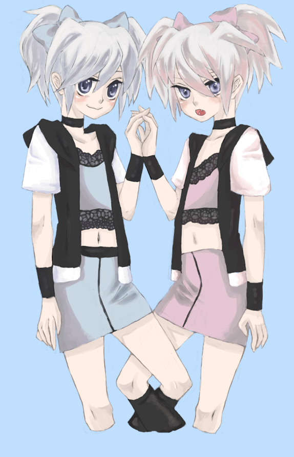 mksm, ryou bakura, yami bakura, yu-gi-oh!, yu-gi-oh! duel monsters, yuu-gi-ou, bad id, bad pixiv id, 2girls, blue eyes, choker, dual persona, flat chest, holding hands, midriff, multiple girls, pencil skirt, ponytail, short hair, siblings, sisters, skirt, smile, twins