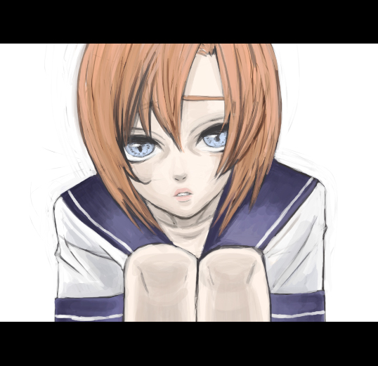 mksm, ryuuguu rena, higurashi no naku koro ni, bad id, bad pixiv id, 00s, 1girl, blue eyes, brown hair, collarbone, female focus, letterboxed, looking at viewer, orange hair, parted lips, school uniform, serafuku, short hair, simple background, skinny, solo