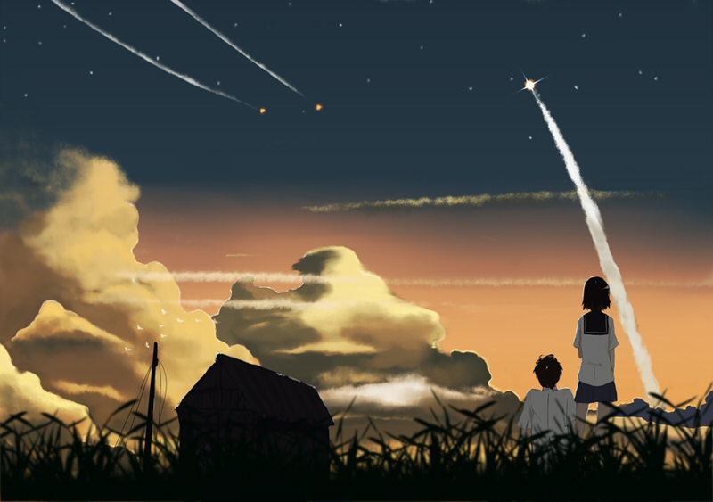 shiromiso, byousoku 5 centimeter, original, bad id, bad pixiv id, 1boy, 1girl, cloud, contrail, dusk, sky, star (sky), star (symbol), starry sky, sunset