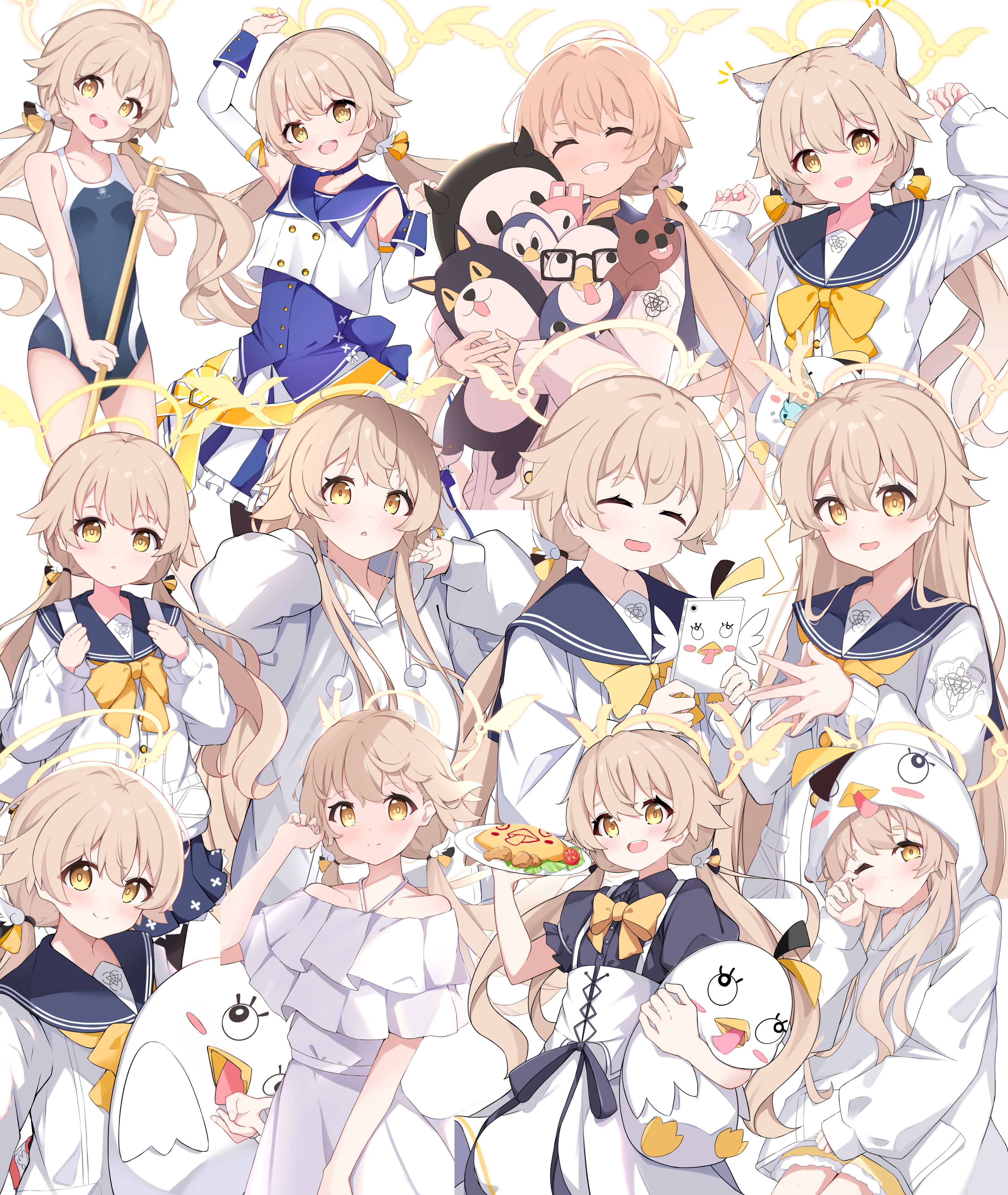 yoi0341, hifumi (blue archive), blue archive, absurdres, highres, 1girl, backpack, bag, cardigan, closed eyes, detached sleeves, food, frills, halo, holding, hood, long hair, looking at viewer, low twintails, multiple views, one eye closed, school swimsuit, school uniform, short sleeves, simple background, skirt, smile, stuffed toy, swimsuit, twintails, white background, white cardigan, yellow eyes, yellow halo