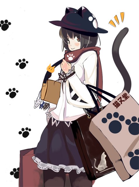 shiromiso, original, bad id, bad pixiv id, 1girl, bag, black hair, brown eyes, female focus, hat, pantyhose, paw print, scarf, shopping, short hair, skirt, smile, solo, tail