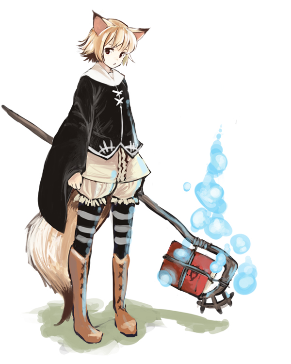 shiromiso, original, bad id, bad pixiv id, 1girl, animal ears, blonde hair, bloomers, boots, female focus, pantyhose, short hair, solo, staff, striped clothes, striped pantyhose, tail, underwear, white bloomers