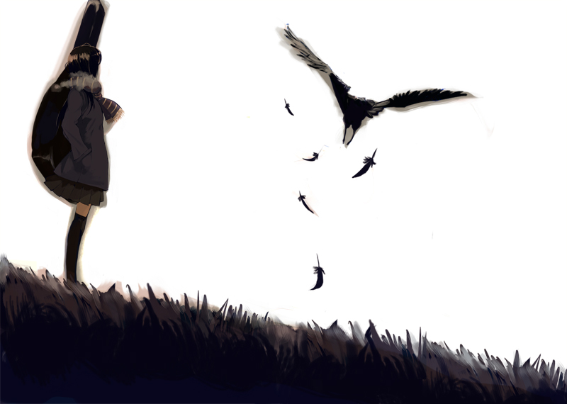 shiromiso, original, bad id, bad pixiv id, bird, crow, feathers, flying, hands in pockets, instrument case, scarf, skirt, solo