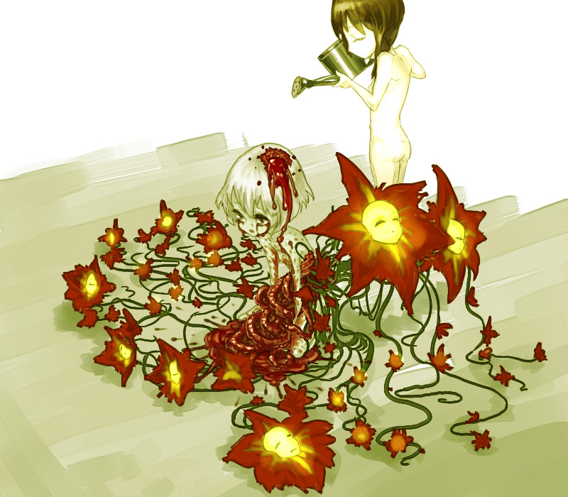 asgr, original, bad id, bad pixiv id, 1girl, androgynous, blood, closed eyes, flower, guro, holding, loli, monster girl, nude, plant, plant girl, sitting, standing, surreal, watering can