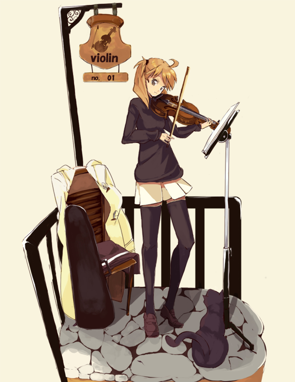 shiromiso, bad id, bad pixiv id, ahoge, black thighhighs, bow (music), brown shoes, cat, instrument, instrument case, music stand, shoes, standing, thighhighs, violin, zettai ryouiki