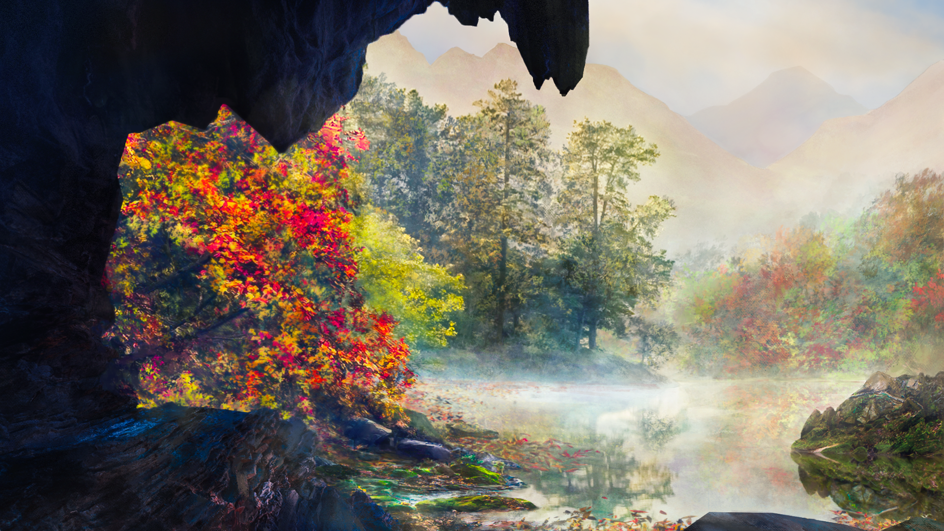 zaq (pgvc4472), original, commentary, highres, autumn, autumn leaves, cliff, day, hill, lake, leaf, no humans, outdoors, pine tree, reflection, reflective water, scenery, sky, tree, water