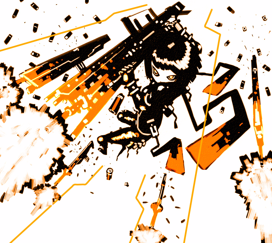 asgr, original, bad id, bad pixiv id, 1girl, bullet, female focus, gun, machine gun, monochrome, orange theme, rifle, shell casing, solo, weapon