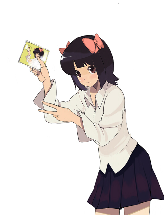 shiromiso, amami haruka, idolmaster, idolmaster (classic), idolmaster 1, bad id, bad pixiv id, 00s, black hair, brown eyes, cd, short hair, skirt, solo, v