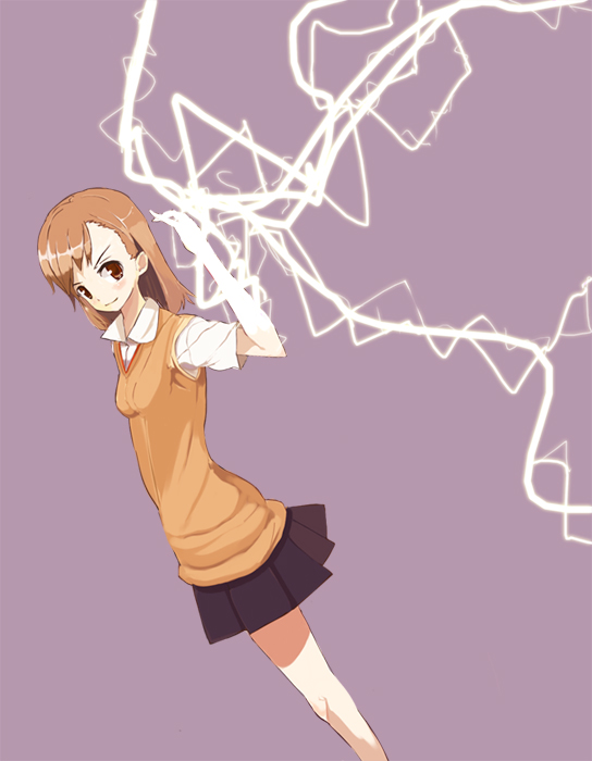 shiromiso, misaka mikoto, toaru majutsu no index, bad id, bad pixiv id, 00s, brown eyes, brown hair, electricity, electrokinesis, lightning, long hair, school uniform, skirt, solo, tokiwadai school uniform