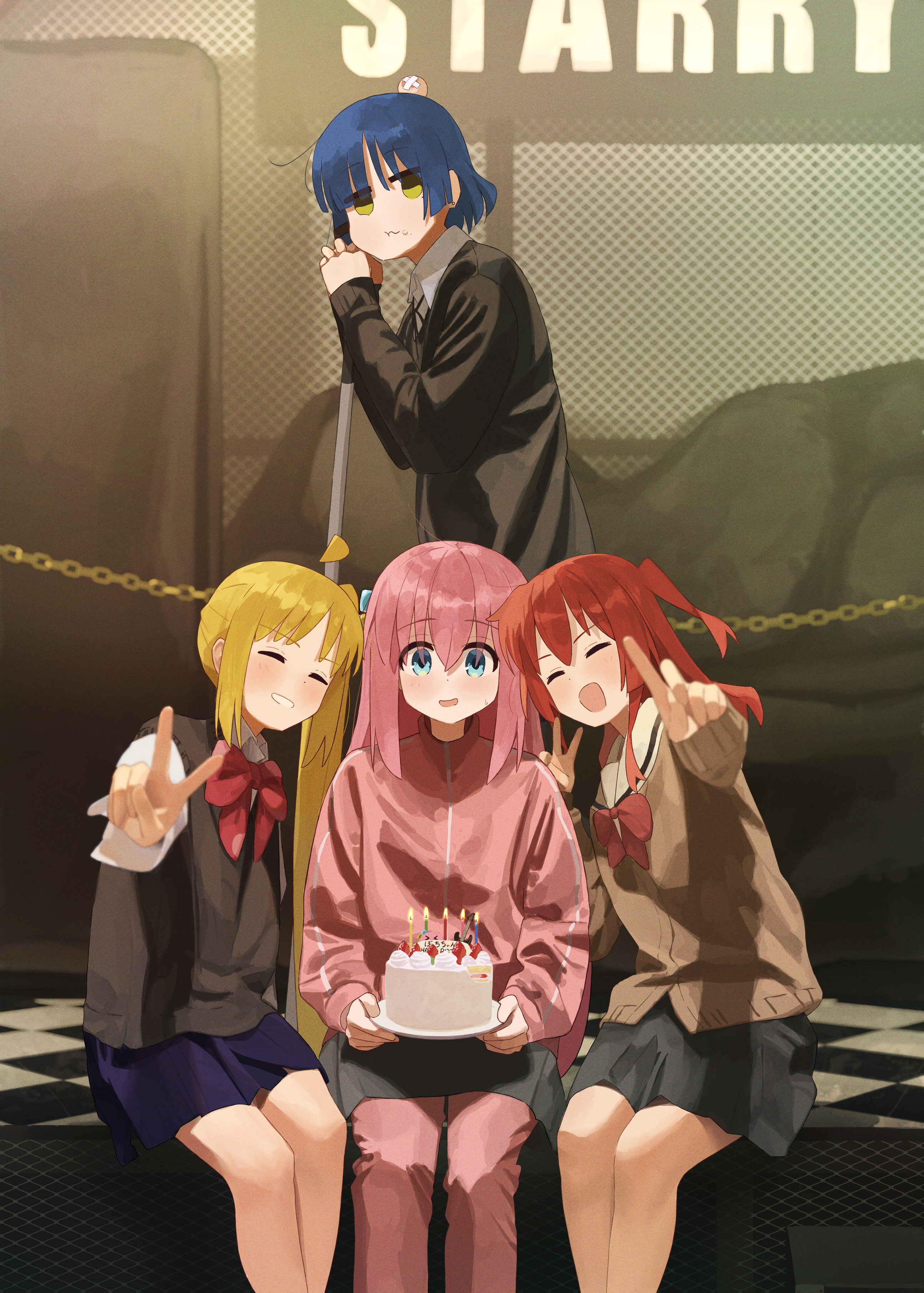 shirasuke 0822, gotoh hitori, gotoh hitori (octopus), ijichi nijika, kita ikuyo, yamada ryo, bocchi the rock!, absurdres, commentary, highres, 4girls, ahoge, birthday cake, black sweater vest, blonde hair, blue eyes, blue hair, blue skirt, blush, brown cardigan, cake, cardigan, chain, cube hair ornament, dated commentary, detached ahoge, eating, food, food on face, grey skirt, hair ornament, happy birthday, index finger raised, injury, jacket, kessoku band, long hair, long sleeves, multiple girls, open mouth, pants, pants under skirt, pink hair, pink jacket, pink pants, pink track suit, sailor collar, school uniform, serafuku, shirt, short hair, side ponytail, sitting, skirt, sleeves past wrists, standing, sweatdrop, sweater vest, track suit, v, white sailor collar, white shirt, yellow eyes