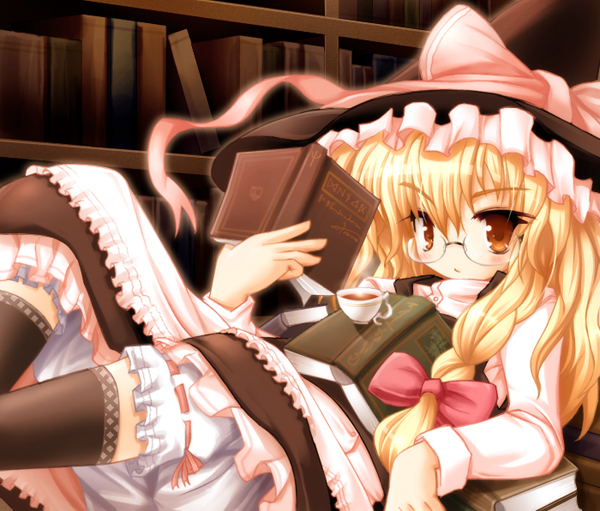 ai takurou, kirisame marisa, touhou, 1girl, bespectacled, blonde hair, book, bookshelf, cup, female focus, glasses, hat, indoors, kneehighs, looking at viewer, lying, no nose, open book, socks, solo, teacup, underwear, witch, witch hat