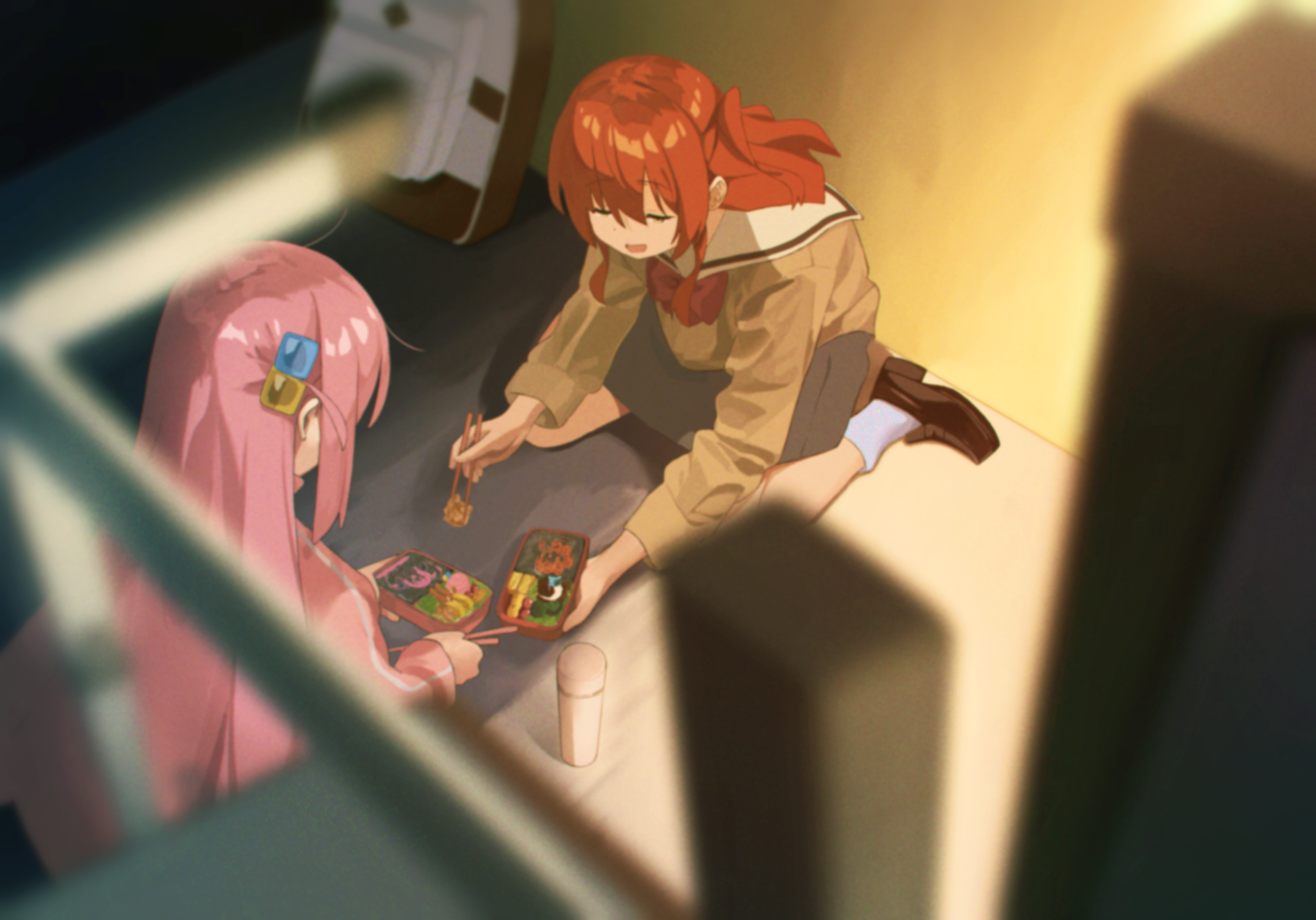 shirasuke 0822, gotoh hitori, kita ikuyo, bocchi the rock!, commentary request, highres, 2girls, bento, black shoes, blurry, blurry foreground, brown shirt, chopsticks, cube hair ornament, from above, grey skirt, guitar case, hair ornament, holding, holding chopsticks, indoors, instrument case, jacket, kneeling, long hair, long sleeves, multiple girls, one side up, open mouth, pink hair, pink jacket, pleated skirt, red hair, sailor collar, school uniform, serafuku, shirt, shoes, shuka high school uniform, sidelocks, sitting, skirt, slice of life, smile, socks, thermos, track jacket, wariza, white sailor collar, white socks