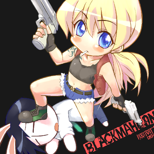 9law, mesousa, okajima rokuro, rebecca miyamoto, revy (black lagoon), black lagoon, pani poni dash!, bad id, bad pixiv id, lowres, 1boy, 1girl, beretta 92, blonde hair, blue eyes, child, cigarette, cosplay, cutoffs, denim, denim shorts, dual wielding, flat chest, full body, gun, handgun, hands on own hips, holding, holster, long hair, midriff, name connection, okajima rokuro (cosplay), pistol, revy (black lagoon) (cosplay), rock (cosplay), semi-automatic pistol, shorts, shoulder tattoo, smoking, tattoo, tribal tattoo, weapon