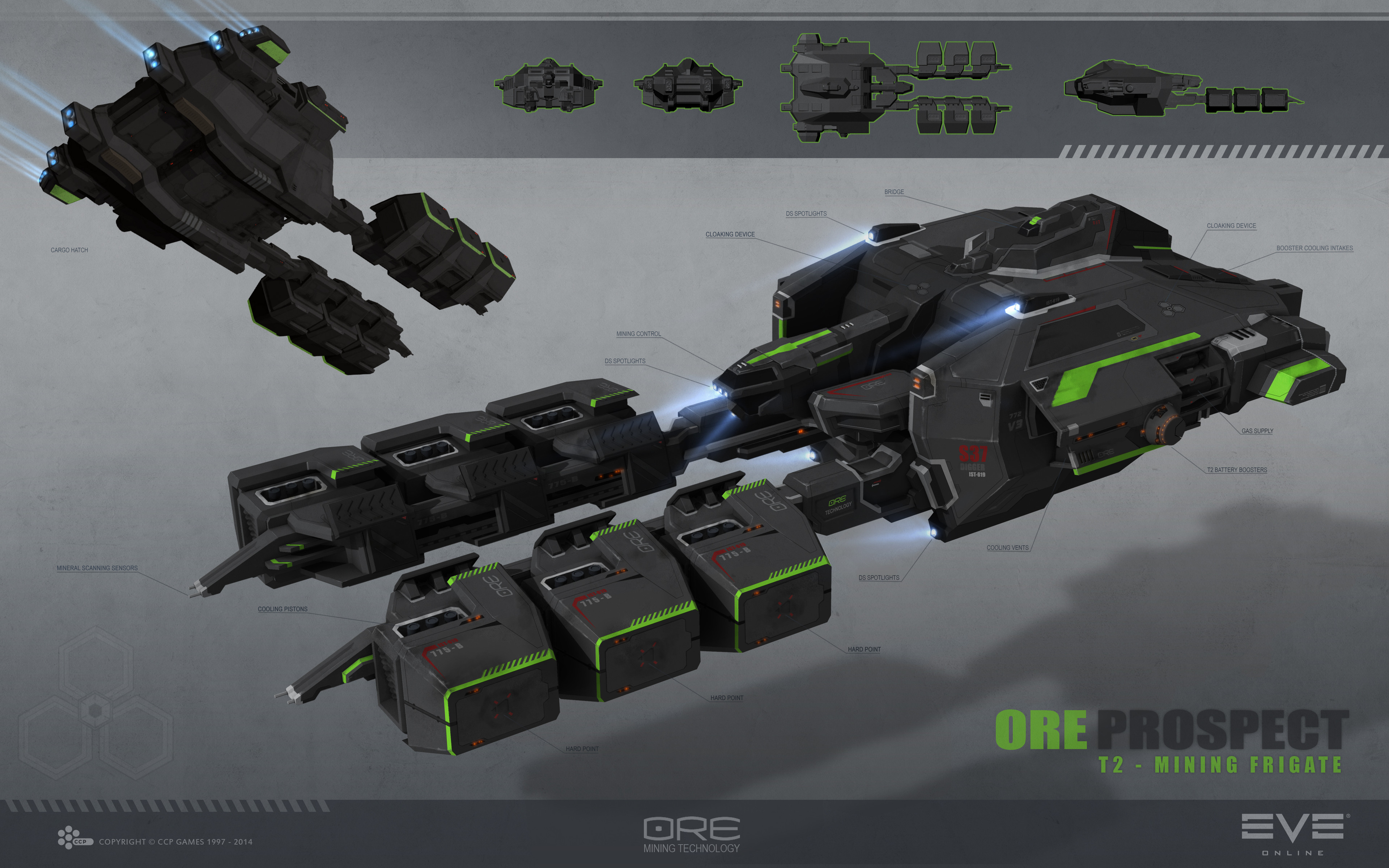eve online, absurdres, commentary, highres, maya (medium), official art, photoshop (medium), advanced ship (eve online), company logo, company name, copyright logo, copyright name, covert ops (eve online), dated, english text, exploration ship (eve online), floating, flying, frigate (eve online), glowing, grey background, harvesting ship (eve online), logo, mining frigate (eve online), multiple views, no humans, outer ring excavations (eve online), pointing out the details, realistic, reference sheet, science fiction, shadow, spacecraft, tech 2 ship (eve online), thrusters, vehicle name, ymir jonsson