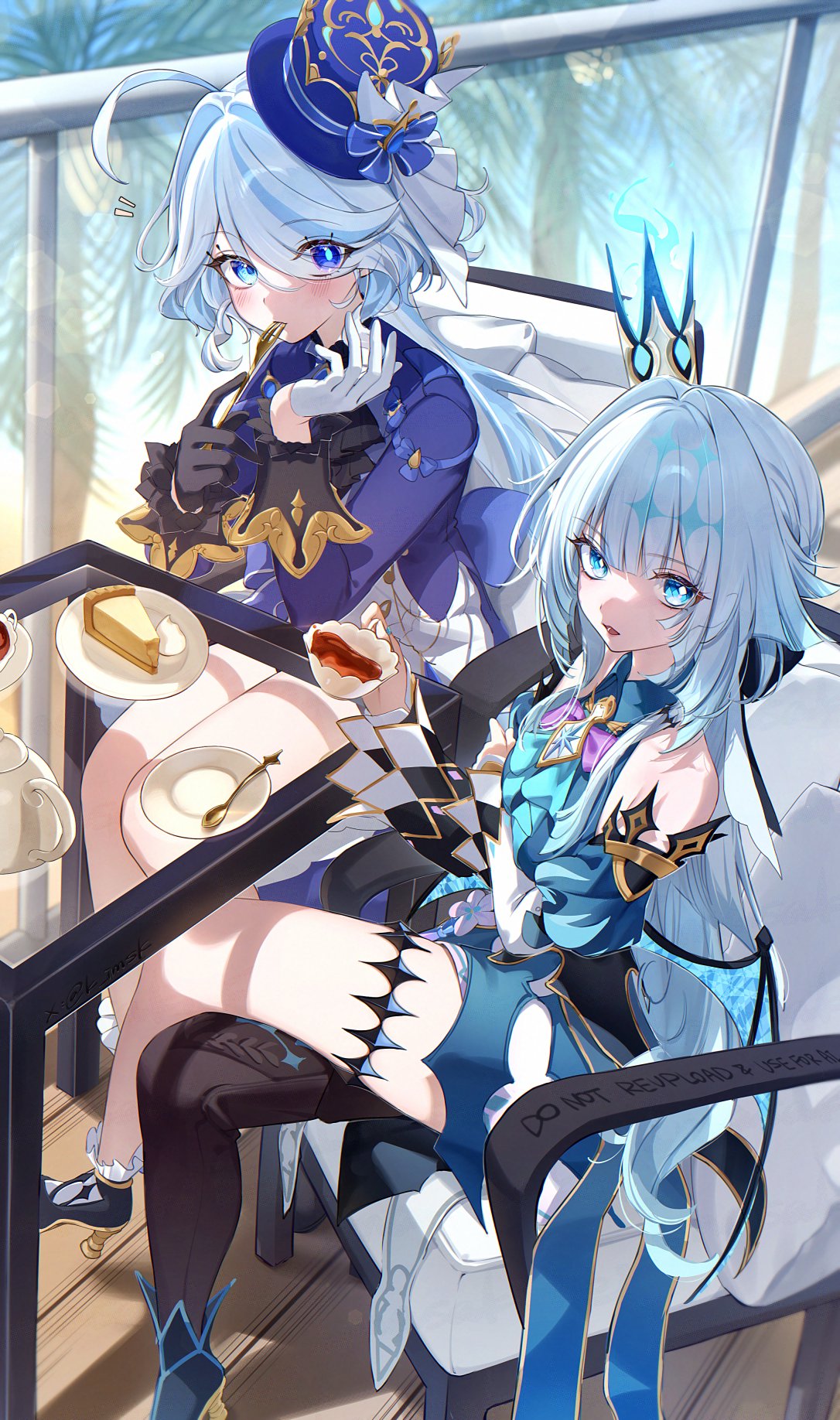 imasaki kei, cerydra (honkai: star rail), furina (genshin impact), genshin impact, honkai: star rail, honkai (series), mihoyo, commentary request, highres, 2girls, ahoge, black thighhighs, blue dress, blue eyes, blue hair, blue vest, blush, cake, cake slice, company connection, crossed legs, crown, cup, detached sleeves, dress, food, fork, gloves, hat, holding, holding cup, holding fork, huge ahoge, long hair, looking at viewer, multiple girls, single thighhigh, sitting, table, teacup, thighhighs, tilted headwear, top hat, twitter username, utensil in mouth, very long hair, vest, white gloves