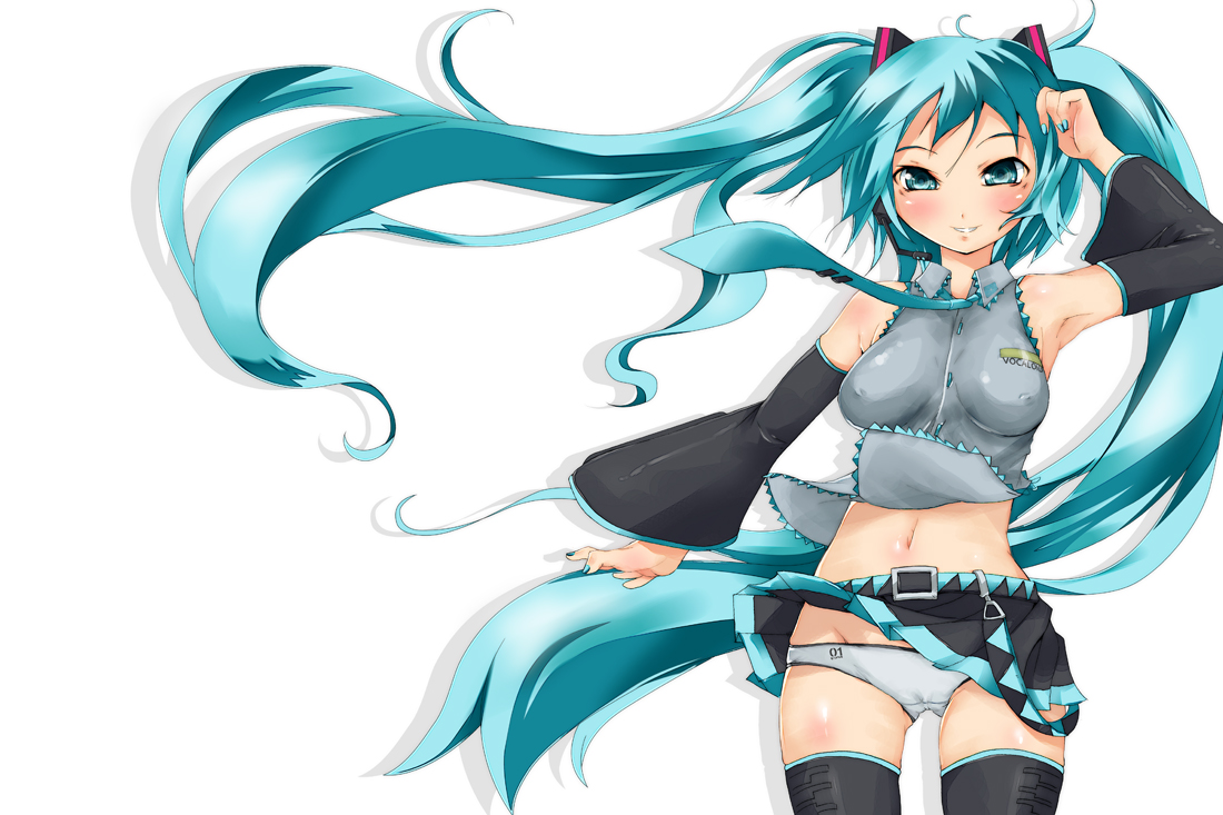 imazon, hatsune miku, vocaloid, 1girl, female focus, green eyes, green hair, long hair, matching hair/eyes, midriff, navel, panties, solo, thighhighs, twintails, underwear, very long hair, wind, wind lift, zettai ryouiki