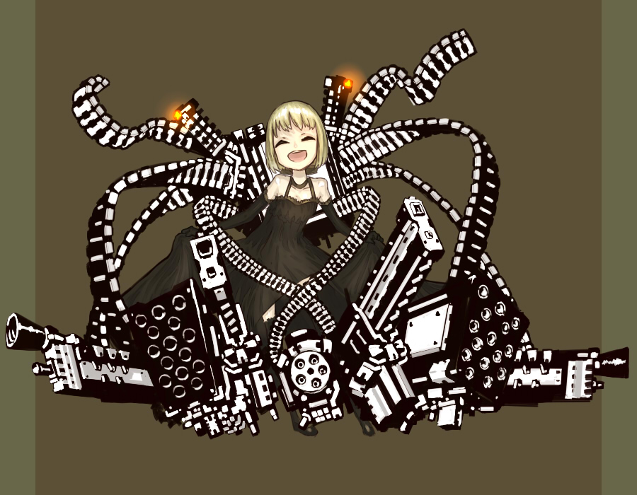 asgr, original, bad id, bad pixiv id, 1girl, black dress, blonde hair, brown background, dress, elbow gloves, female focus, gloves, gun, simple background, smile, solo, weapon, yandere