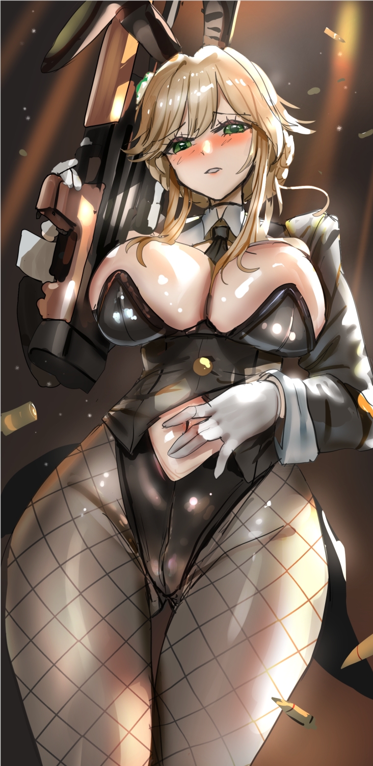 himonoata, ade (agent bunny) (nikke), ade (nikke), goddess of victory: nikke, highres, 1girl, animal ears, black bow, black bowtie, black leotard, black pantyhose, blonde hair, blush, bow, bowtie, breasts, clothing cutout, fake animal ears, gloves, green eyes, gun, highleg, highleg leotard, holding, holding weapon, large breasts, leotard, long sleeves, looking at viewer, medium hair, navel, navel cutout, official alternate costume, pantyhose, parted lips, playboy bunny, rabbit ears, sidelocks, solo, weapon, white gloves