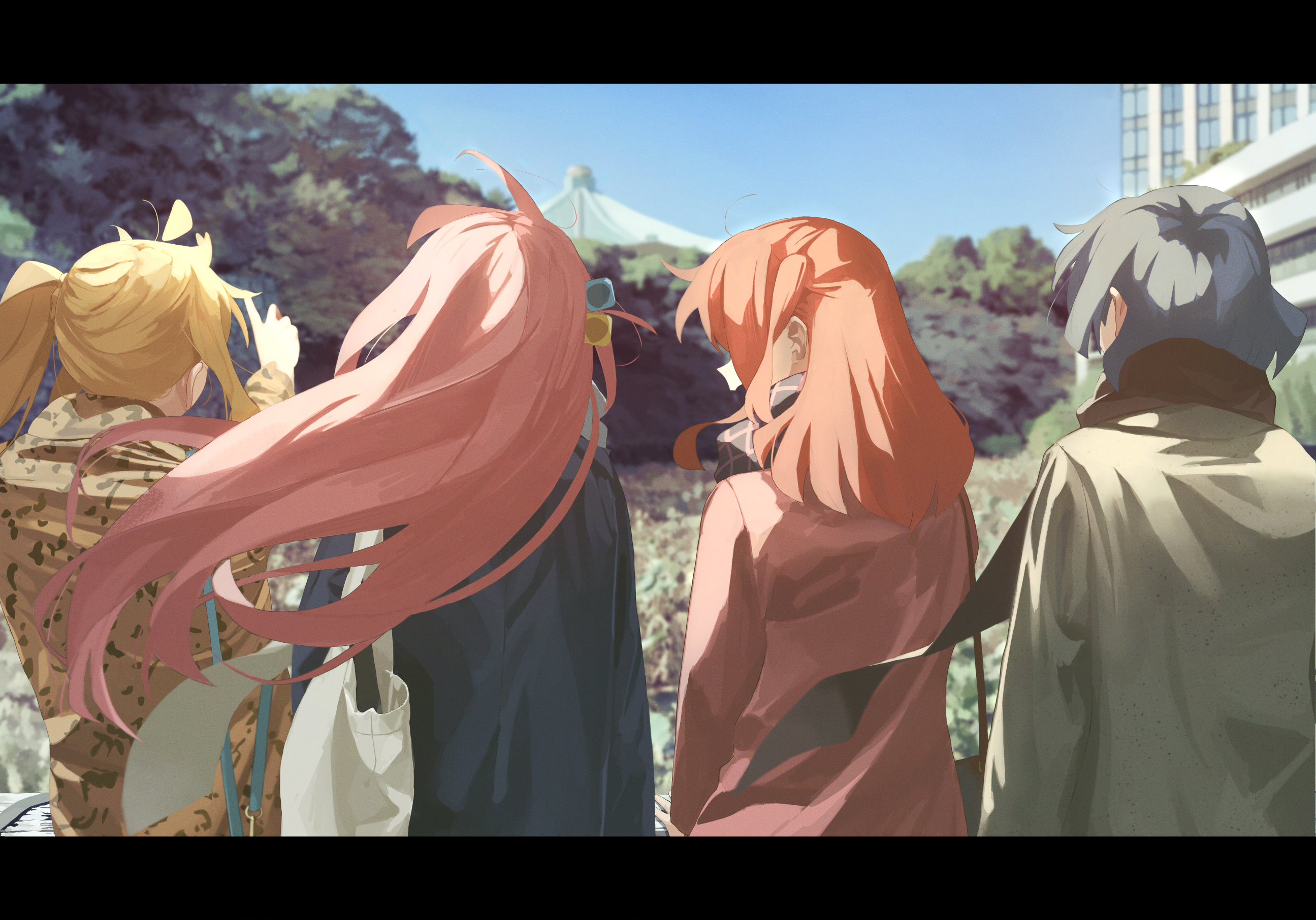 shirasuke 0822, gotoh hitori, ijichi nijika, kita ikuyo, yamada ryo, bocchi the rock!, commentary request, highres, 4girls, ahoge, black scarf, blonde hair, blue coat, blue eyes, blue hair, blue sky, brown coat, building, coat, cube hair ornament, day, from behind, hair ornament, kessoku band, letterboxed, long hair, medium hair, multiple girls, outdoors, pink coat, pink hair, plaid clothes, plaid scarf, print coat, red hair, scarf, short hair, side ponytail, sky, slice of life, standing, white coat, white scarf