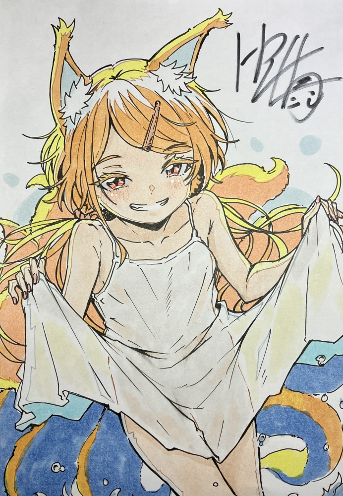 afolo, original, commentary request, 1girl, animal ear fluff, animal ears, blonde hair, clenched teeth, clothes lift, dress, dress lift, fox ears, fox girl, fox tail, grin, hair ornament, hairclip, lifting own clothes, lolibaba, red eyes, short hair, smile, solo, tail, teeth, white dress