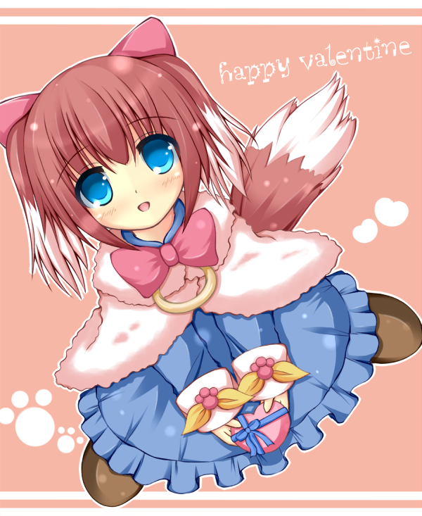 yua (togemaru), bow alma, emil chronicle online, 1girl, animal ears, blue dress, blue eyes, brown hair, capelet, dog ears, dog girl, dog tail, dress, frilled dress, frills, fur capelet, gift, hair ribbon, holding, holding gift, looking at viewer, neck ribbon, open mouth, paw print, pink background, pink ribbon, ribbon, solo, tail, valentine, white capelet
