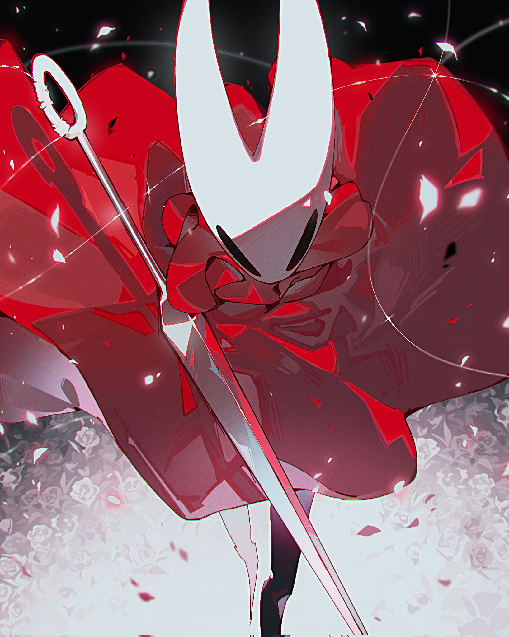 rdif hk, hollow knight, highres, 1boy, 1other, black skin, blank eyes, chromatic aberration, cloak, colored skin, field, flower, flower field, from above, holding, holding weapon, looking at viewer, petals, red cloak, solo, standing, weapon