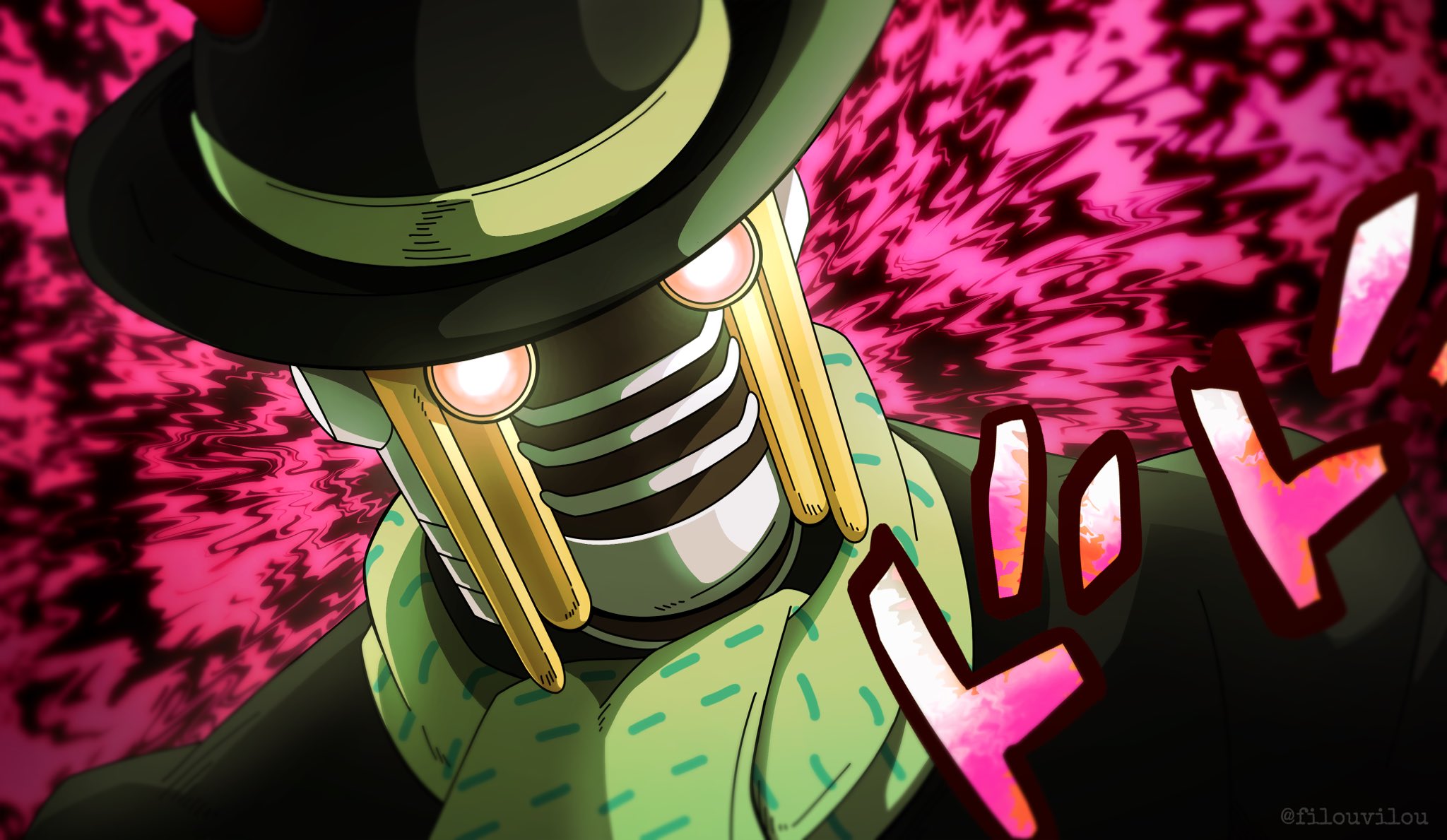 wonder of u, jojo no kimyou na bouken, jojolion, commentary, english commentary, highres, 1other, black eyes, black hat, bowler hat, filouvilou, glowing, glowing eyes, green scarf, hat, looking at viewer, menacing (jojo), other focus, pink background, pink eyes, robot, scarf, solo, stand (jojo), upper body
