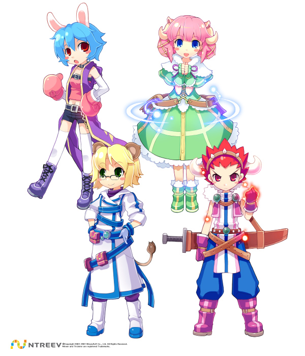armcho, buffalo (trickster), bunny (trickster), lion (trickster), sheep (trickster), trickster (ntreev soft), white legwear, 10s, 4girls, animal ears, blonde hair, blue eyes, blue hair, blush stickers, boots, boxing gloves, dress, fingerless gloves, gloves, green boots, green eyes, horns, multiple girls, open mouth, own hands together, pink hair, rabbit ears, red eyes, red hair, simple background, sword, tail, thighhighs, weapon
