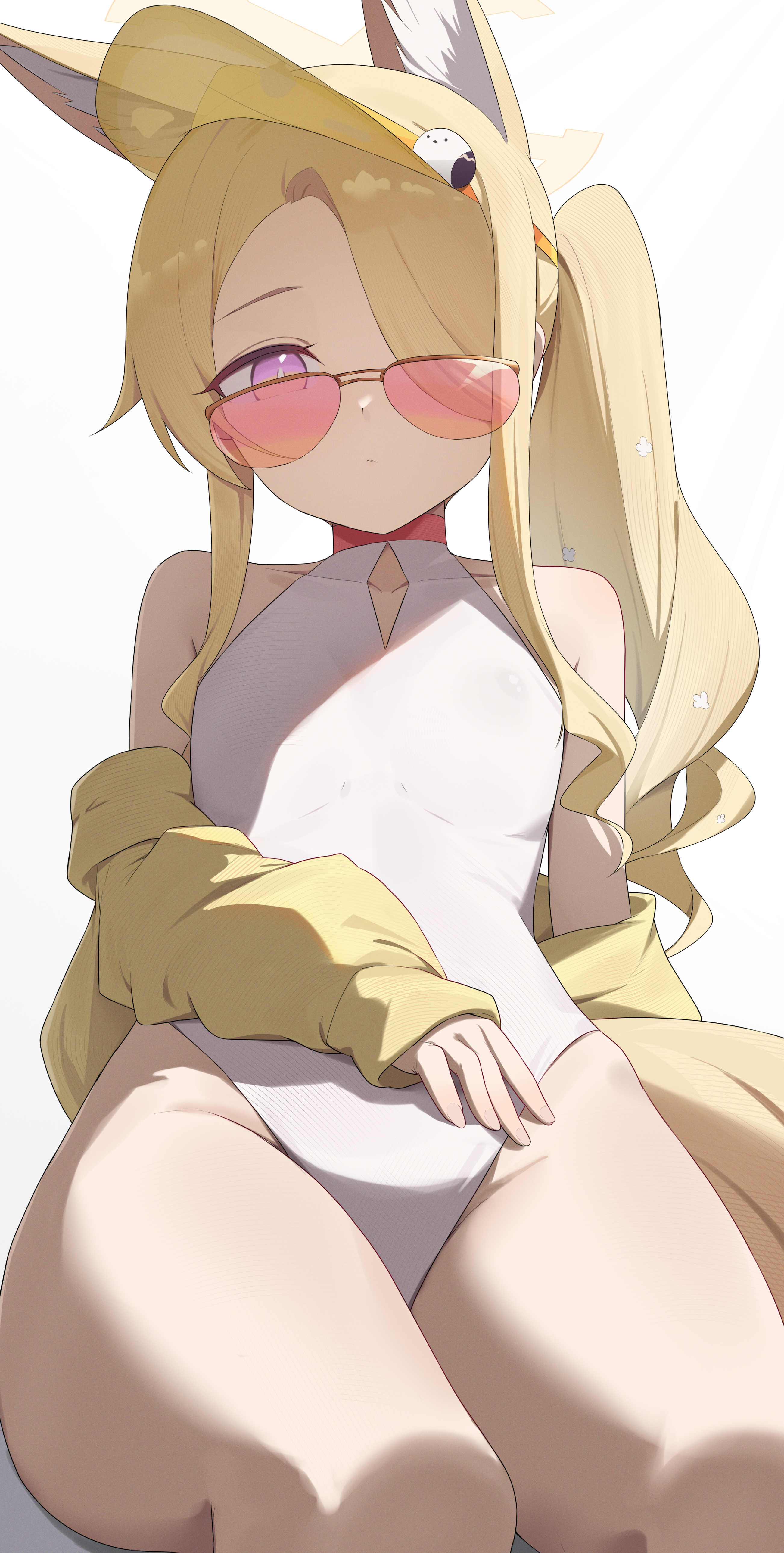ruha (ruha12haru), seia (blue archive), seia (swimsuit) (blue archive), blue archive, absurdres, highres, 1girl, above-cleavage cutout, animal ear fluff, animal ears, asymmetrical bangs, bare legs, bare shoulders, blonde hair, casual one-piece swimsuit, clothing cutout, collarbone, feet out of frame, flat chest, forehead, fox ears, fox tail, groin, hair over one eye, halo, highleg, highleg one-piece swimsuit, jacket, jacket partially removed, long hair, looking at viewer, looking over eyewear, official alternate costume, one-piece swimsuit, one eye covered, orange-tinted eyewear, side ponytail, sidelocks, simple background, sitting, solo, swimsuit, tail, thick thighs, thighs, tinted eyewear, visor cap, white background, white one-piece swimsuit, yellow jacket