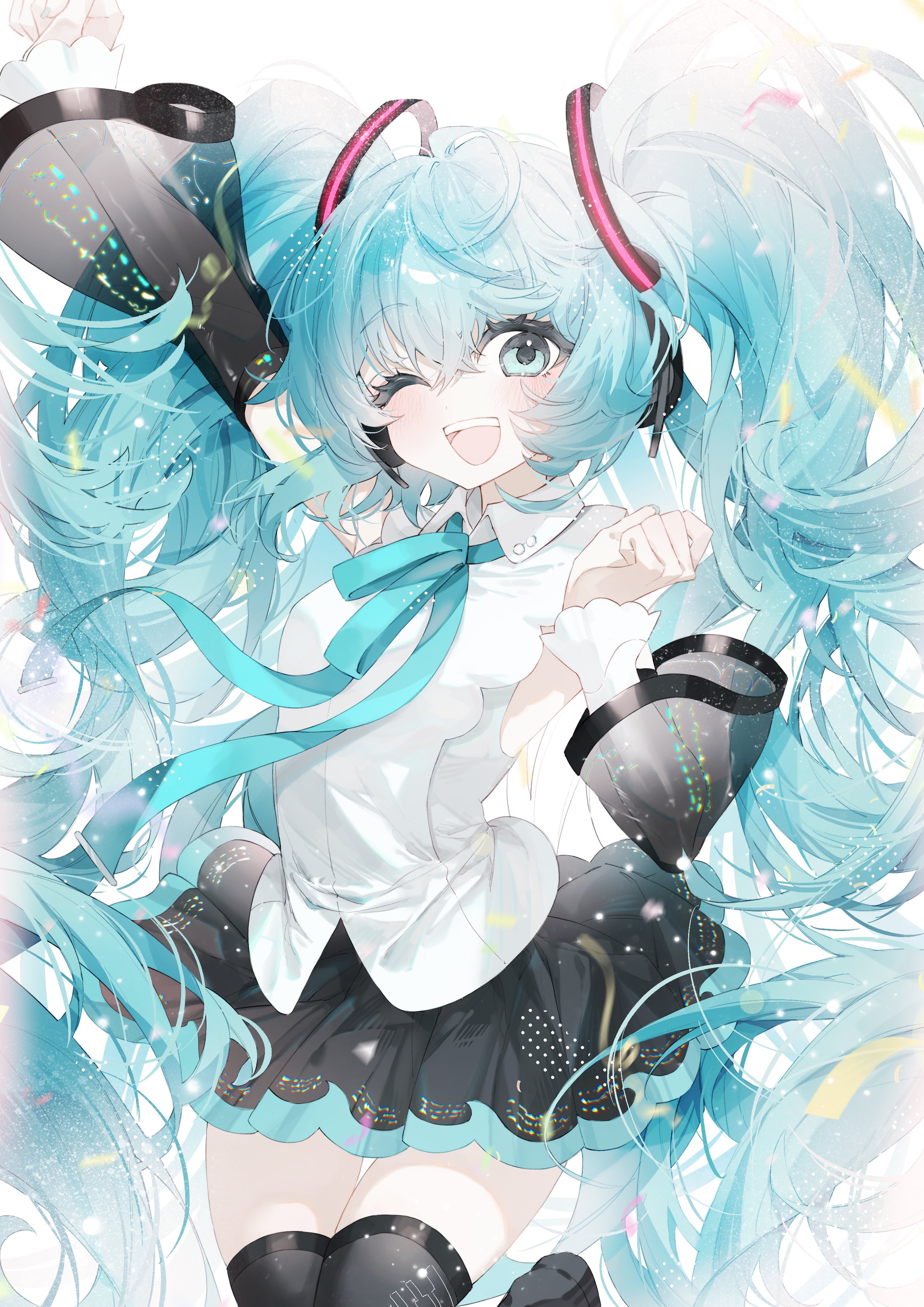 sumisumire00, hatsune miku, vocaloid, absurdres, highres, 1girl, ;d, aqua eyes, aqua hair, aqua ribbon, arm up, black skirt, black sleeves, blush, collared shirt, detached sleeves, hair between eyes, headphones, long hair, long sleeves, looking at viewer, neck ribbon, one eye closed, open mouth, pleated skirt, ribbon, see-through clothes, see-through sleeves, shirt, skirt, sleeveless, sleeveless shirt, smile, solo, twintails, very long hair, white shirt