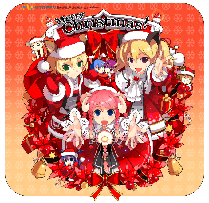 armcho, buffalo (trickster), bunny (trickster), cat (trickster), dragon (trickster), fox (trickster), lion (trickster), raccoon (trickster), sheep (trickster), trickster (ntreev soft), 10s, 6+girls, animal ears, blonde hair, blue eyes, braid, brown eyes, cat ears, christmas, dress, everyone, green eyes, happy, hat, head wings, horns, multiple girls, open mouth, outstretched hand, pink hair, quad tails, santa costume, santa hat, smile, wings