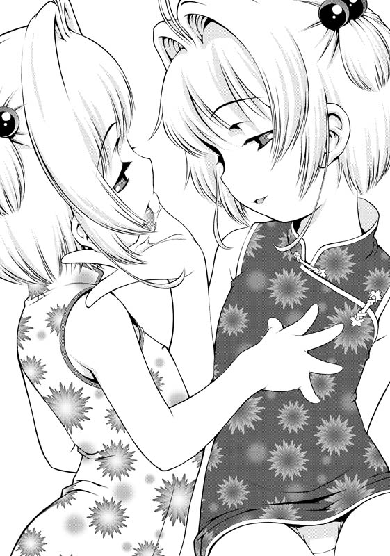 sekihan, clow card, kinomoto sakura, mirror (clow card), cardcaptor sakura, bad id, bad pixiv id, 1990s (style), 2girls, dual persona, flat chest, greyscale, hair bobbles, hair ornament, licking, loli, monochrome, multiple girls, panties, pantyshot, retro artstyle, selfcest, short hair, short twintails, tongue, twintails, underwear, yuri