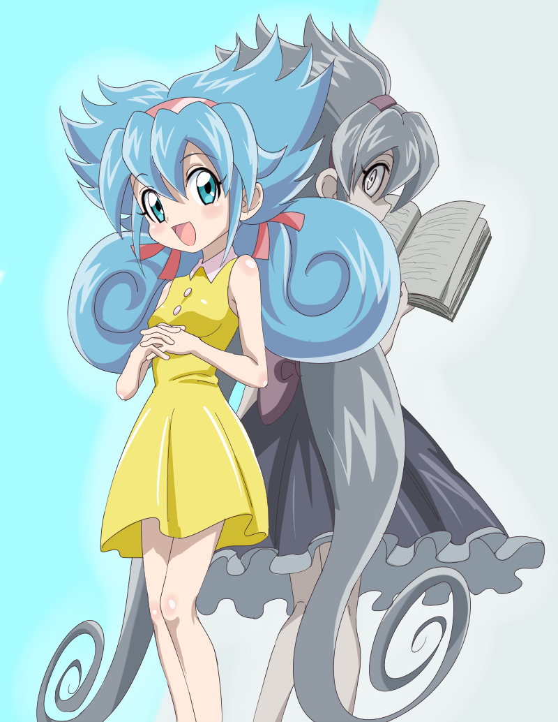 sincos, fua yuu (duel masters), duel masters, 1girl, aqua eyes, aqua hair, book, dress, dual persona, frilled dress, frills, hairband, holding, holding book, long hair, open book, open mouth, sideways glance, sleeveless, sleeveless dress, split theme, twintails, very long hair, yellow dress