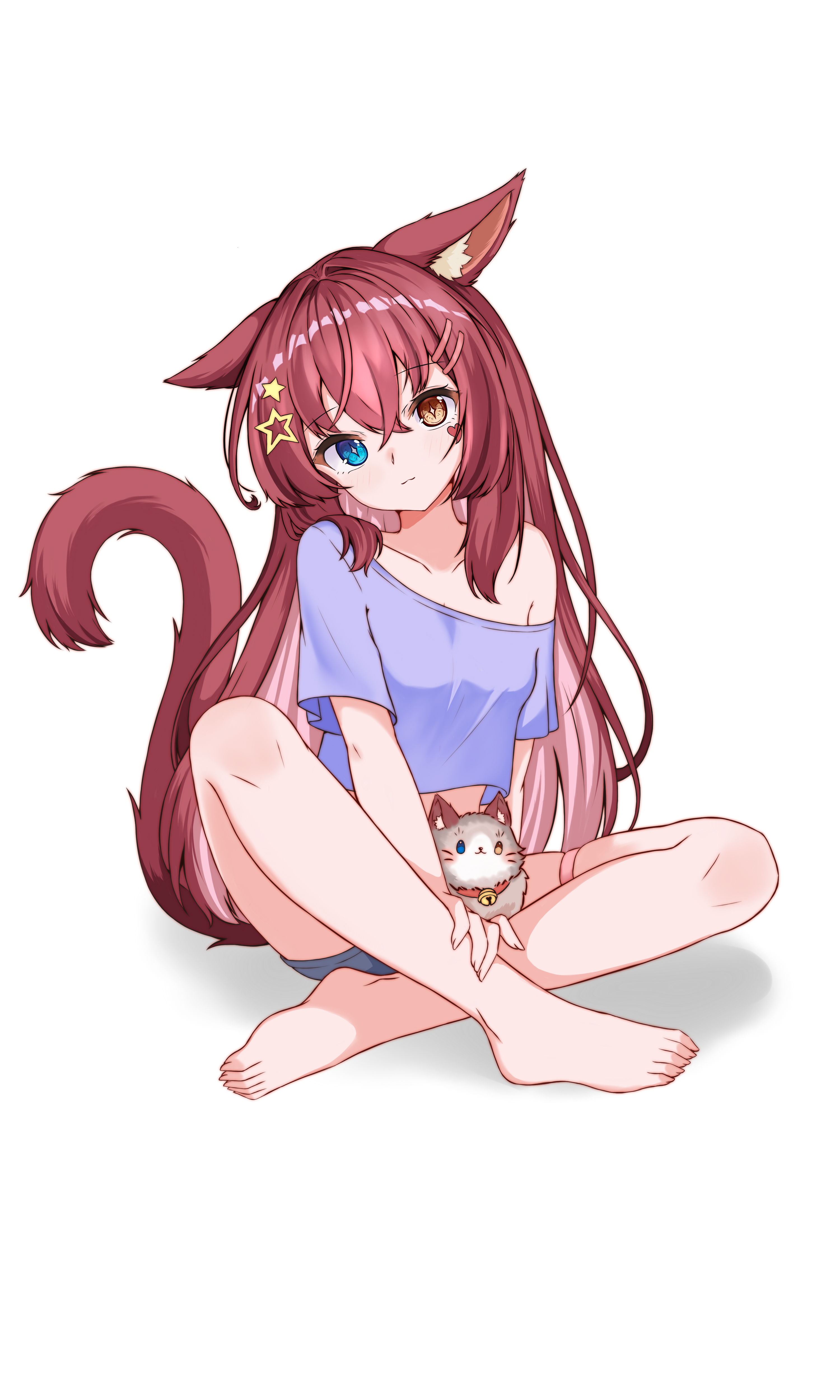 ze zhi ai, original, absurdres, highres, 1girl, :3, animal, animal ears, barefoot, between legs, blue eyes, blue shirt, breasts, brown eyes, brown hair, cat, cat between legs, cat ears, cat girl, cat tail, cropped shirt, full body, grey shorts, hair ornament, hairclip, head tilt, heterochromia, indian style, long hair, looking at viewer, red hair, shirt, short shorts, short sleeves, shorts, simple background, sitting, small breasts, smile, star (symbol), star hair ornament, tail, thigh strap, white background