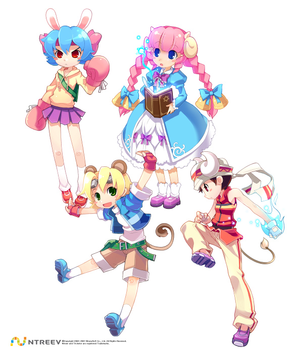 armcho, buffalo (trickster), bunny (trickster), lion (trickster), sheep (trickster), trickster (ntreev soft), 10s, 4girls, animal ears, arm up, belt, blonde hair, blue hair, book, boxing gloves, braid, dress, fingerless gloves, gloves, goggles, goggles on head, headband, horns, lion ears, long hair, multiple girls, open book, pink hair, rabbit ears, sheep ears, shorts, simple background, skirt, socks, tail, twin braids